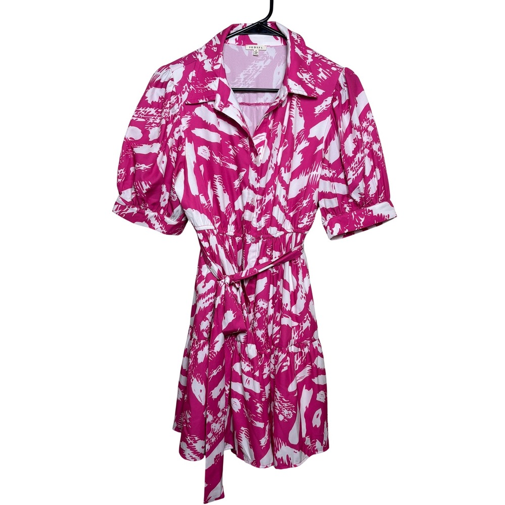 JODIFL Hot Pink White Belt Puff Sleeves Brushstroke Tiered Shirt Dress‎ Womens S